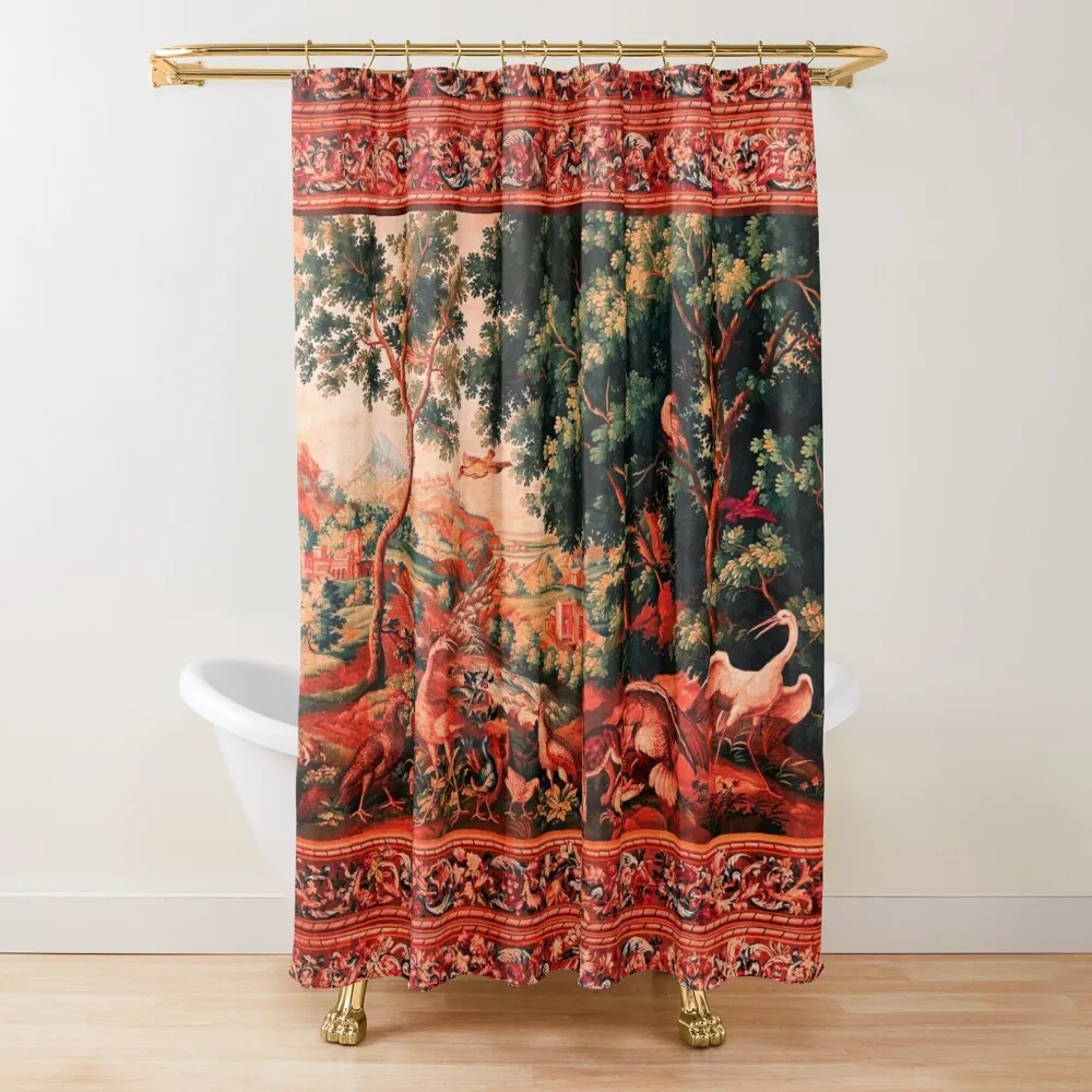 

WILD ANIMALS, BIRDS AND WATERFALLS IN WOODLAND Picturesque Flemish Tapestry in Antique Red Green Shower Curtain
