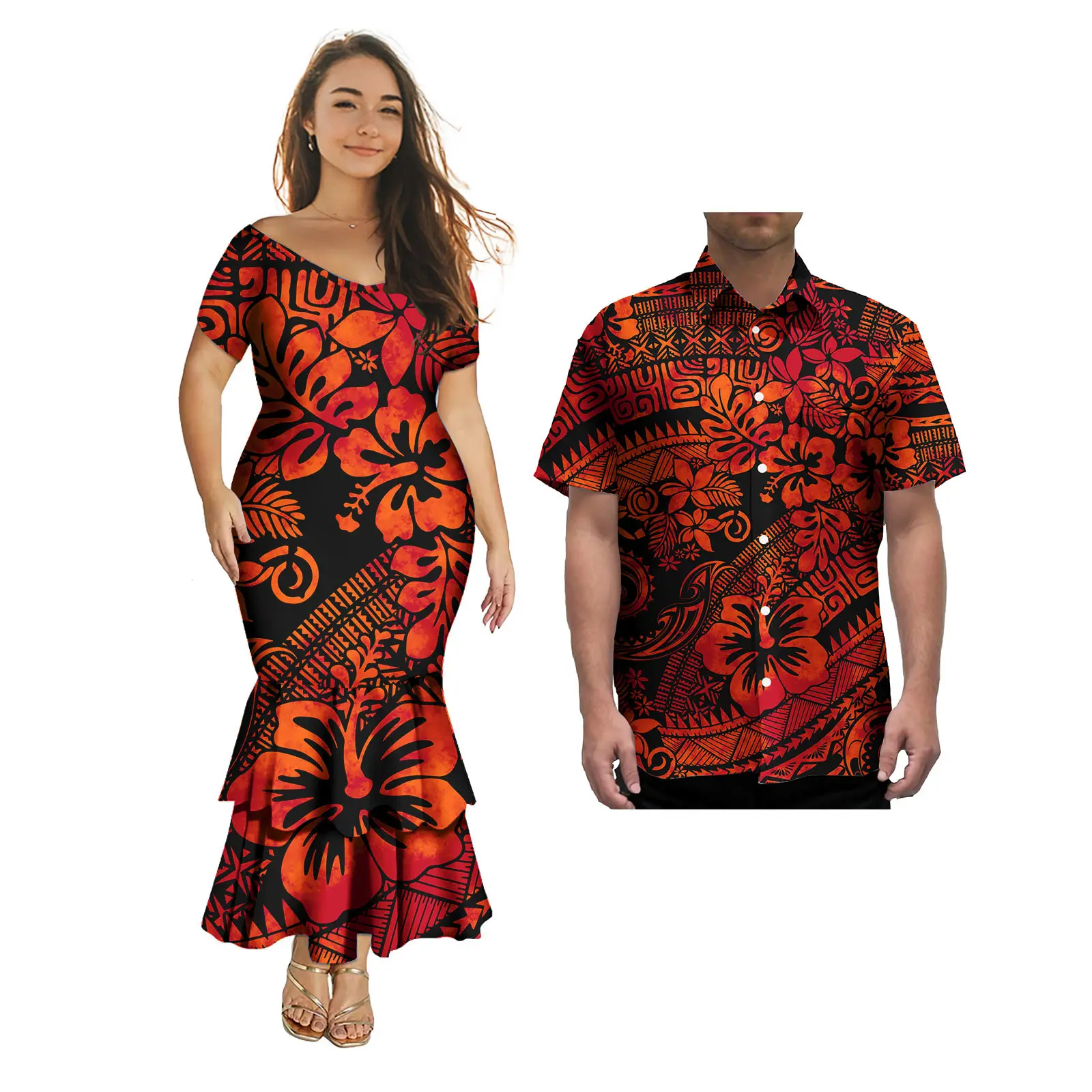 New Hot Sale Couple Clothes 2 Pcs Custom Samoa Tonga Polynesian Tribal Women V Neck Mermaid Prom Dress Match Aloha Men Shirt