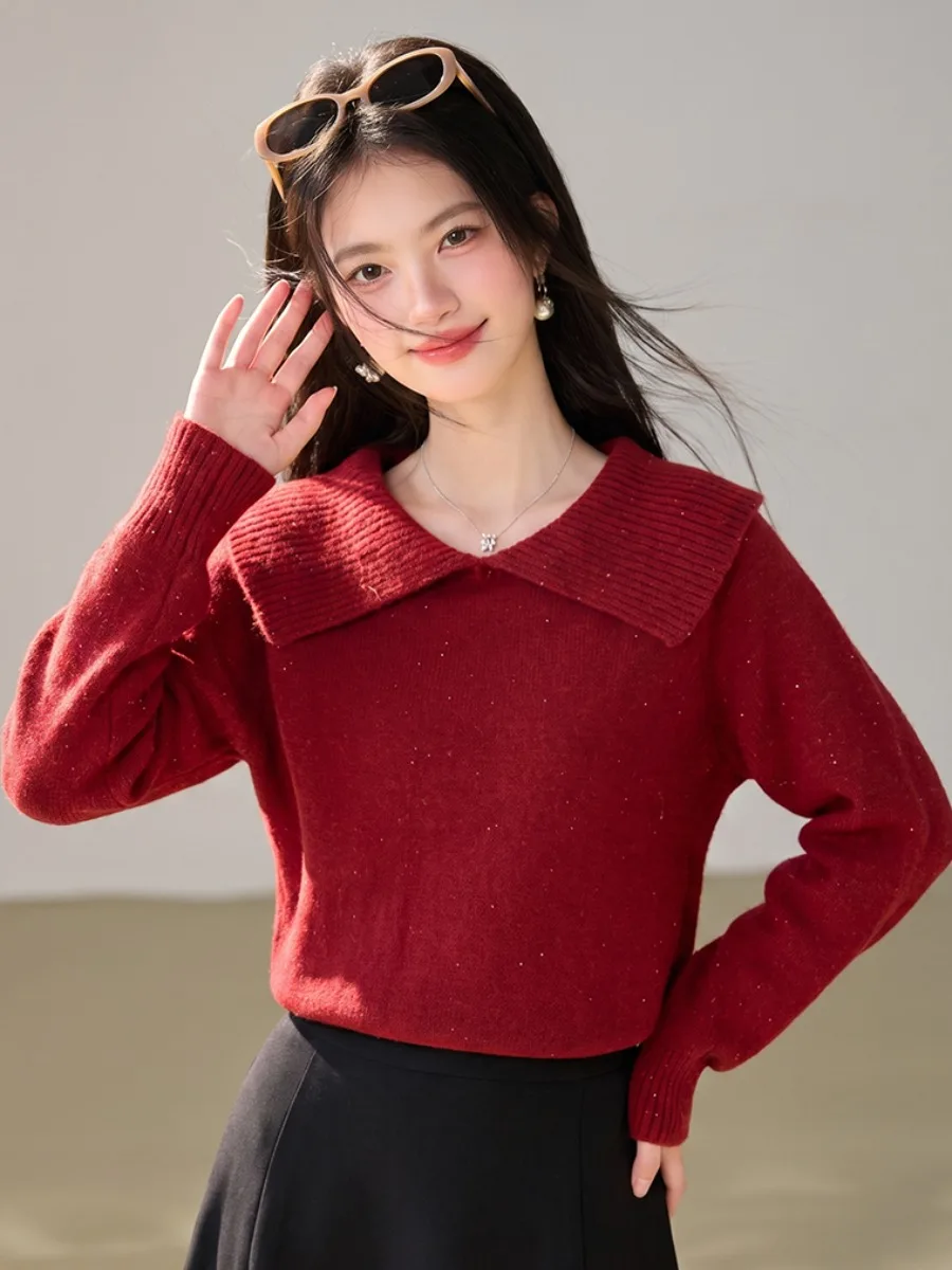 Elegant Short Knitted Sweater with Stand Collar Shiny Thread Waist-Cinching Women's Fashion Autumn 2026 Gentle Style Knitwear