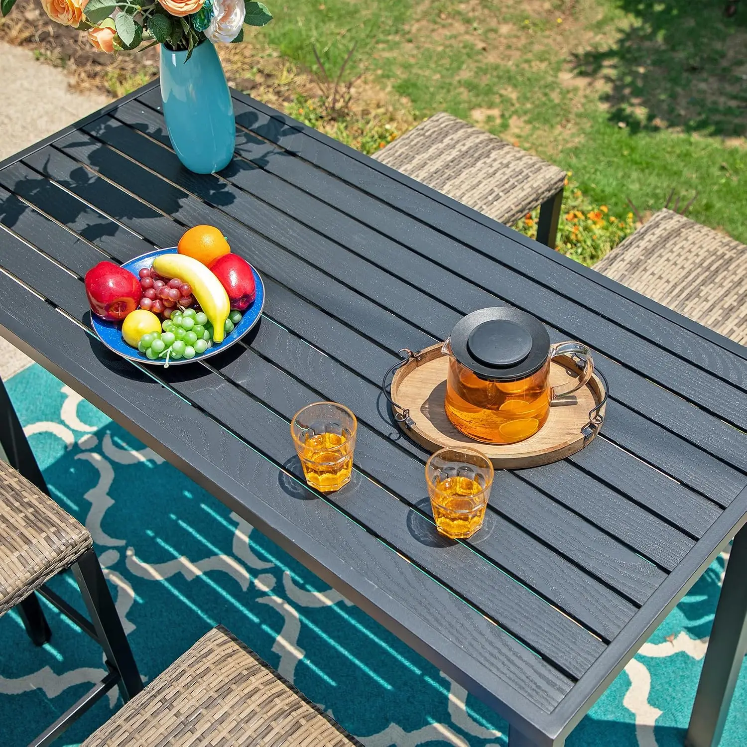 Bar Height Outdoor Table 36.3H Tall Rectangular Imitation Wood Grain Coating Adjustable Table Feet Patio Garden Backyard