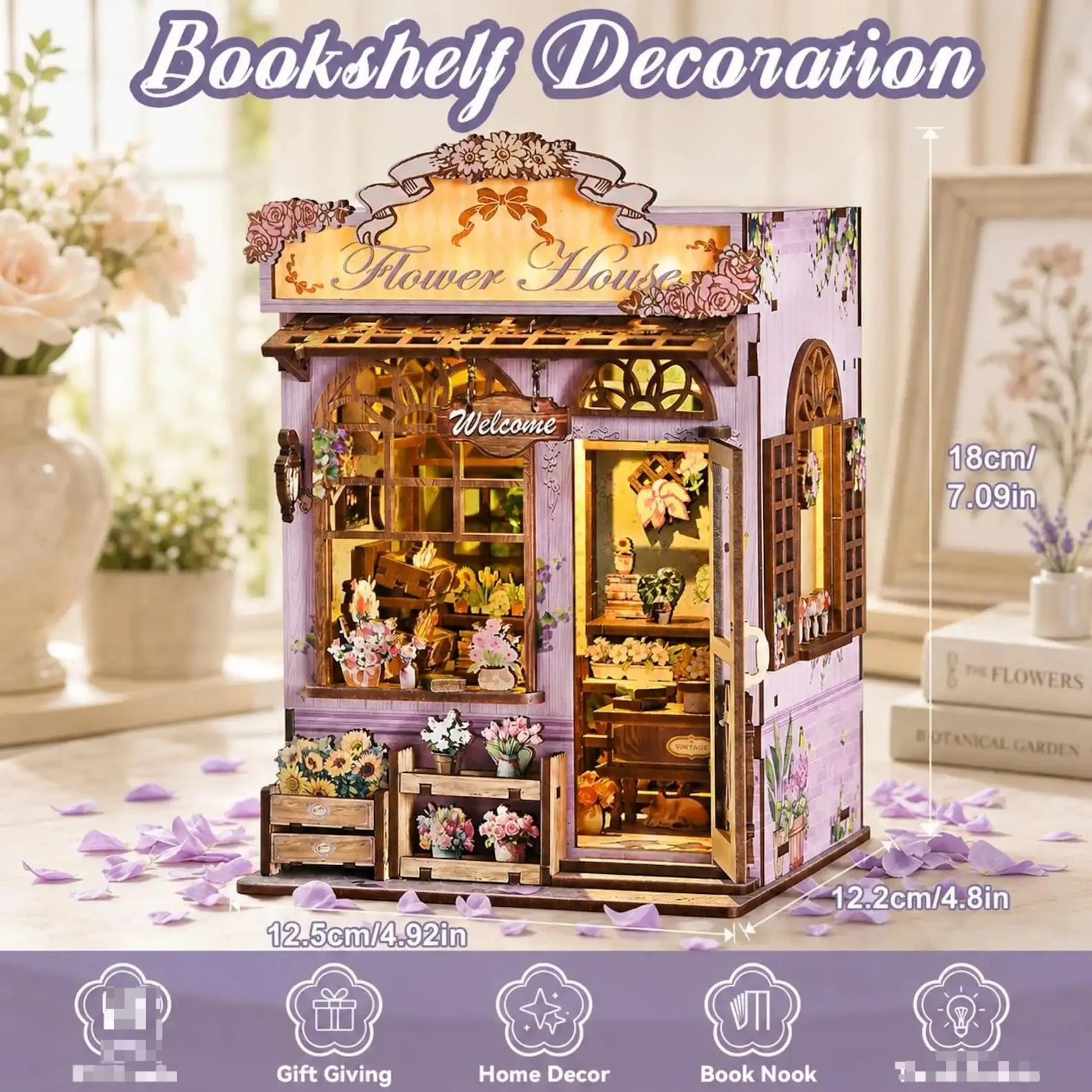 DIY Book Nook Kit, Miniature Flower Shop Bookshelf Insert, Adult Craft Model, Home Decoration With Warm LED Light