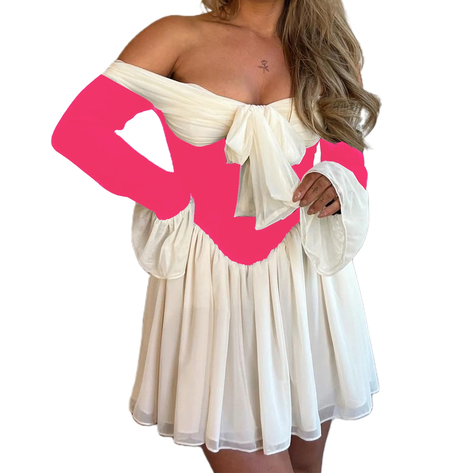 Women’s Off Shoulder Mini Dress Long Sleeve Front Bow Pleated Short Dress for Party Club Wedding Night