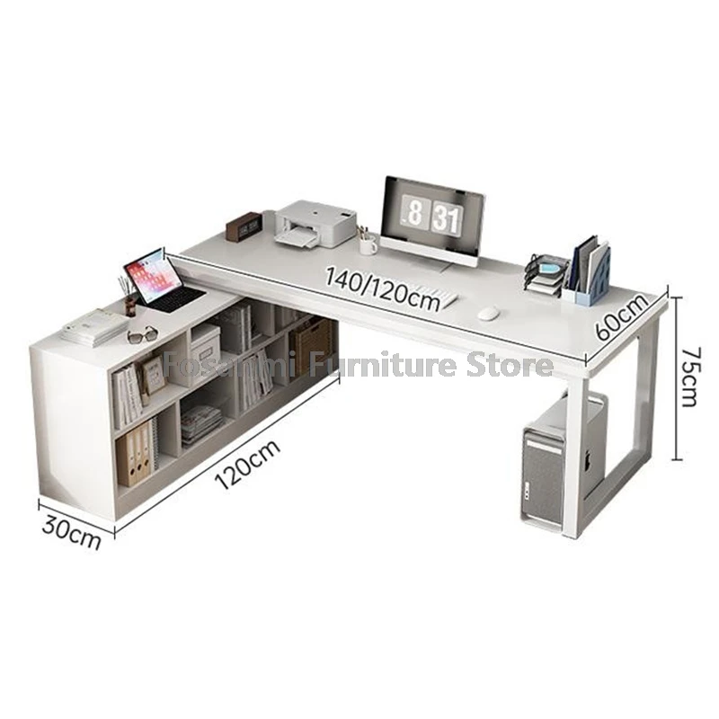 モダンなL字型ホワイトオフィスデスクチェアセット、収納キャビネット付きコーナーライティングゲーミングコンピューターデスクとチェア、ホーム家具