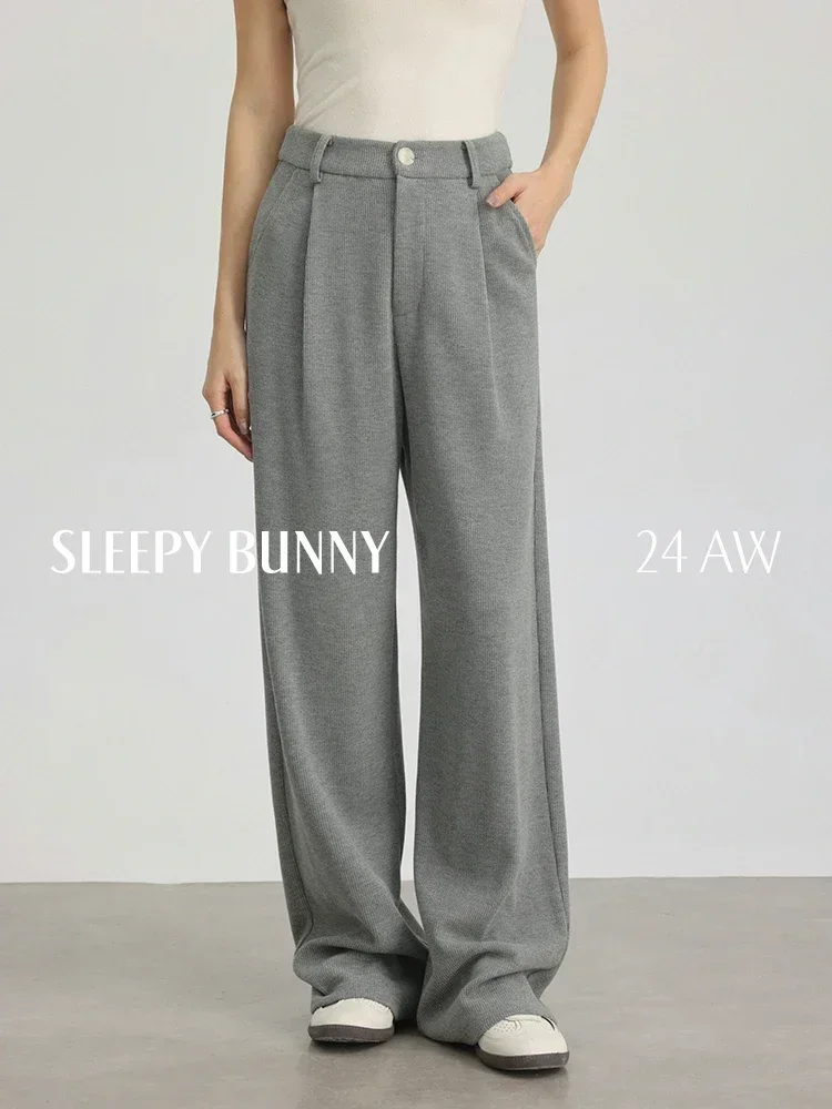 High Waist Straight Knit Pants Women Spring Loose Fit Petite Warm Thickened Casual Wide Leg Trousers Comfortable Elegant Style