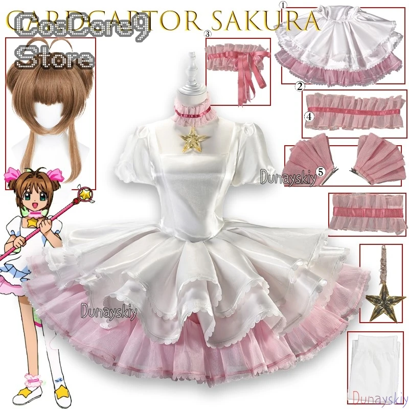 

Cardcaptor Sakura Kinomoto Sakura Розовое Белое Боевое Платье Косплей π로윈 의상 Аниме Наряд Полный Комплект Наряда Хэллоуина π로 의상s