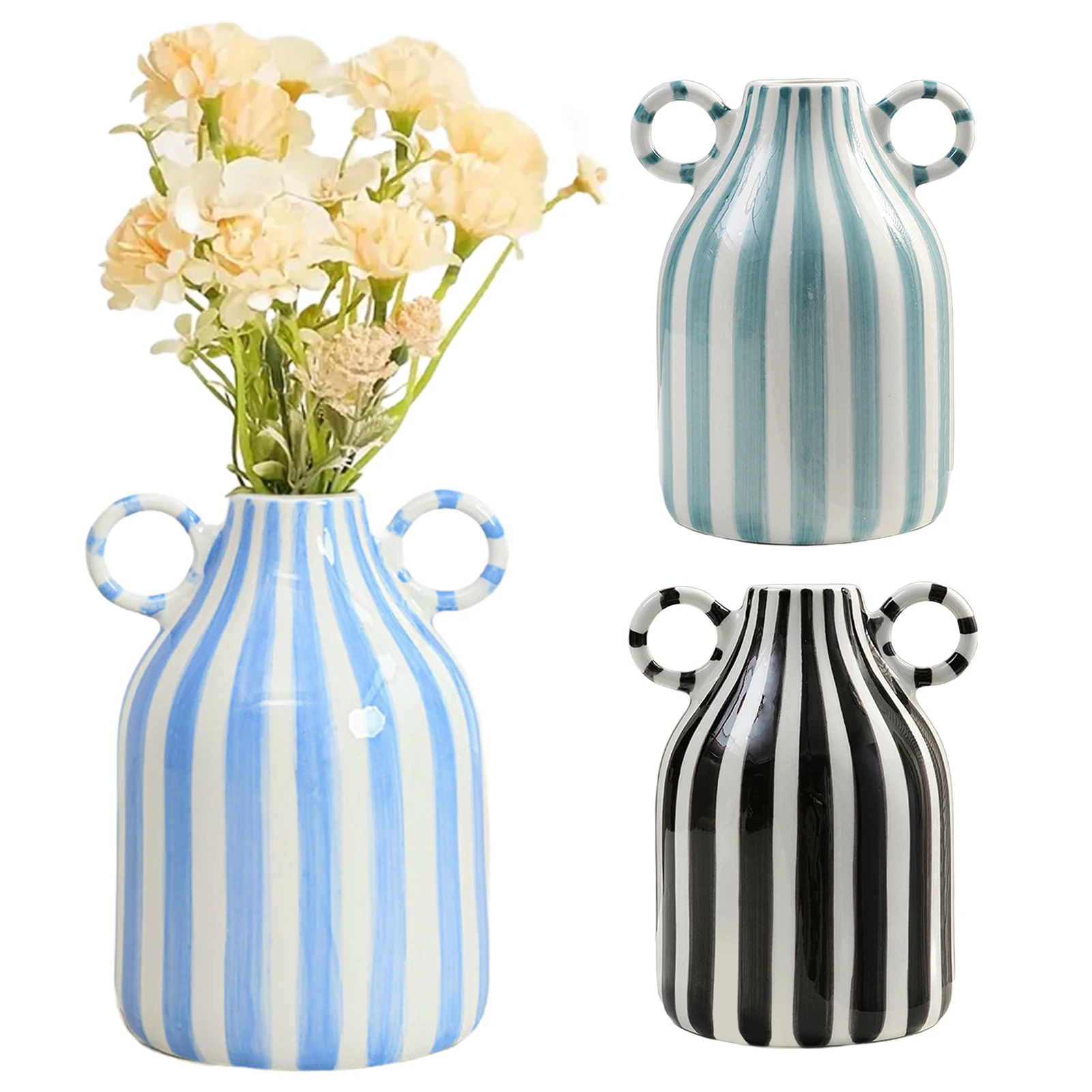 

Nordic Style Art Vase Ornament Double Ear Striped Ceramic Vase Hydroponic Flower Cutting Bottle Home Decoration Flowerpot