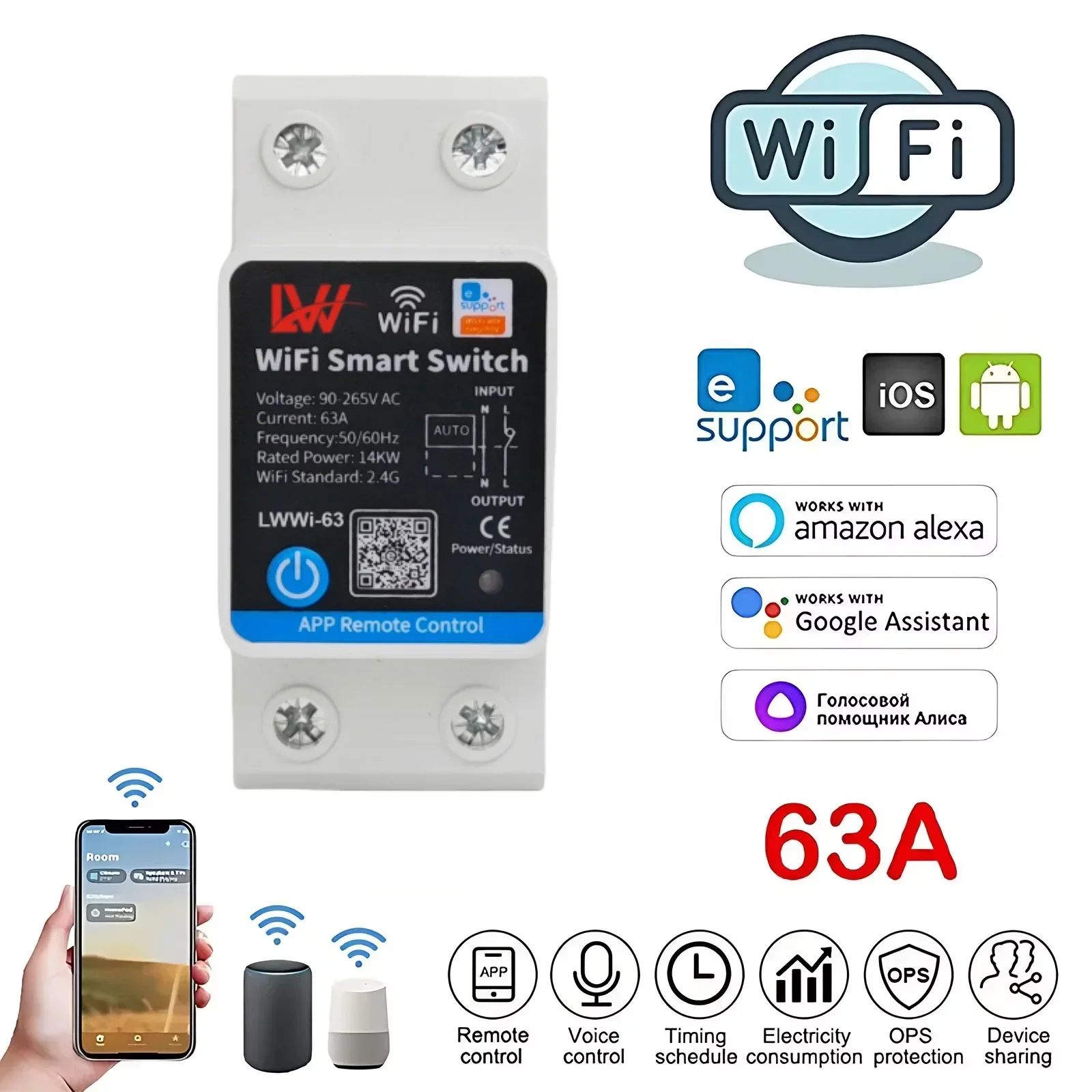 Ewelink Wifi 63A Smart Circuit Breaker Power Meter WiFi Energy Meter Power Monitor Electricity Meter Monitoring Timer Relay