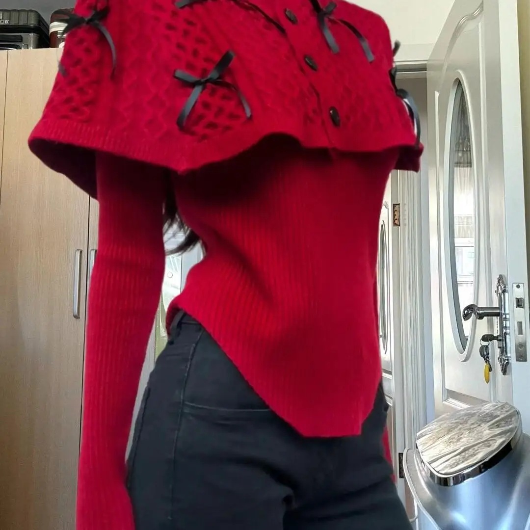 New Women's Collection New Year Red Sweater Outfit Bow-Tie Half-High Neck Red Cape Women's Sweater - Fall/Winter Knit Top