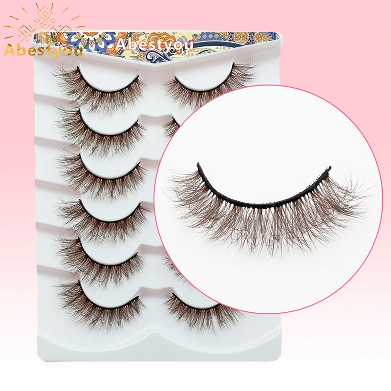 Abestyou 6 คู่ D Curl Full Strip สั้นธรรมชาติ 5d Fluffy Dark สีน้ําตาลขนตา Mink Wispy ขนตาหนา Lash Tech อุปกรณ์