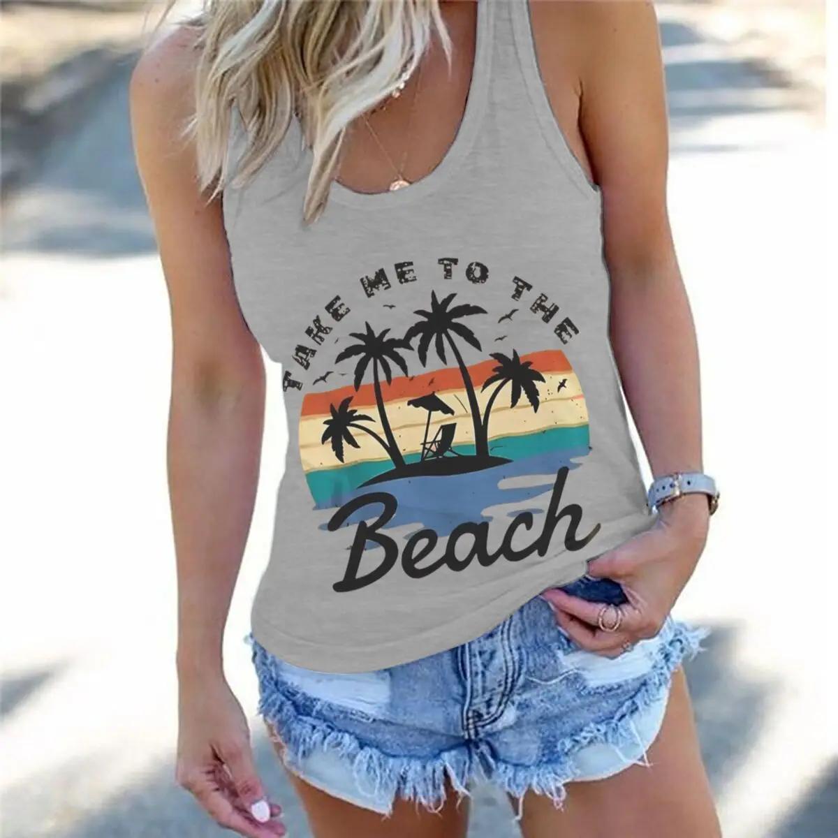 Women Vintage Take Me To The Beach Graphic Racerback Tank Top Summer Vacation Retro Sunset Palm Tree Sleeveless Basic-Fit Vest