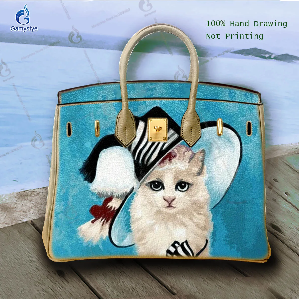 

Art Hand-Painting A little cat wearing a hat Customize Totes Ladies purses and handbag Messenger Clutch Totes Unique personality