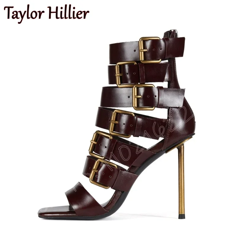 Open Toe Belt Buckle Square Head Short Boots Stiletto Buckle Strap Hollow High Heels Nightclub Party Temperament Women'S Shoes