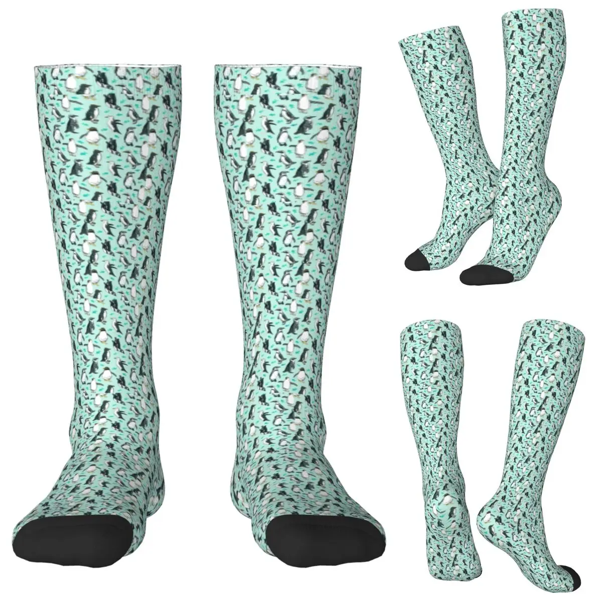 

Lots Of Little Penguins On Mint Socks Harajuku Stockings All Season Long Socks Accessories for Unisex Gifts
