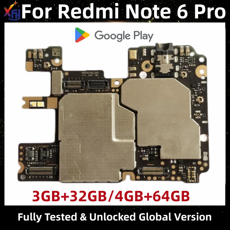 Mainboard for Xiaomi Redmi Note 6 Pro, Unlocked Motherboard, 32GB, 64GB, Global ROM, with Google Play Store Installed