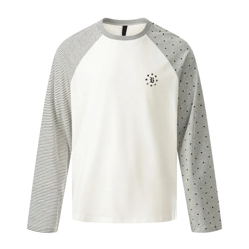 Y2k With Contrasting Color Raglan Sleeve Embroidered Base Shirt High Street Style Striped Polka Dot Spliced Long Sleeved T-shirt