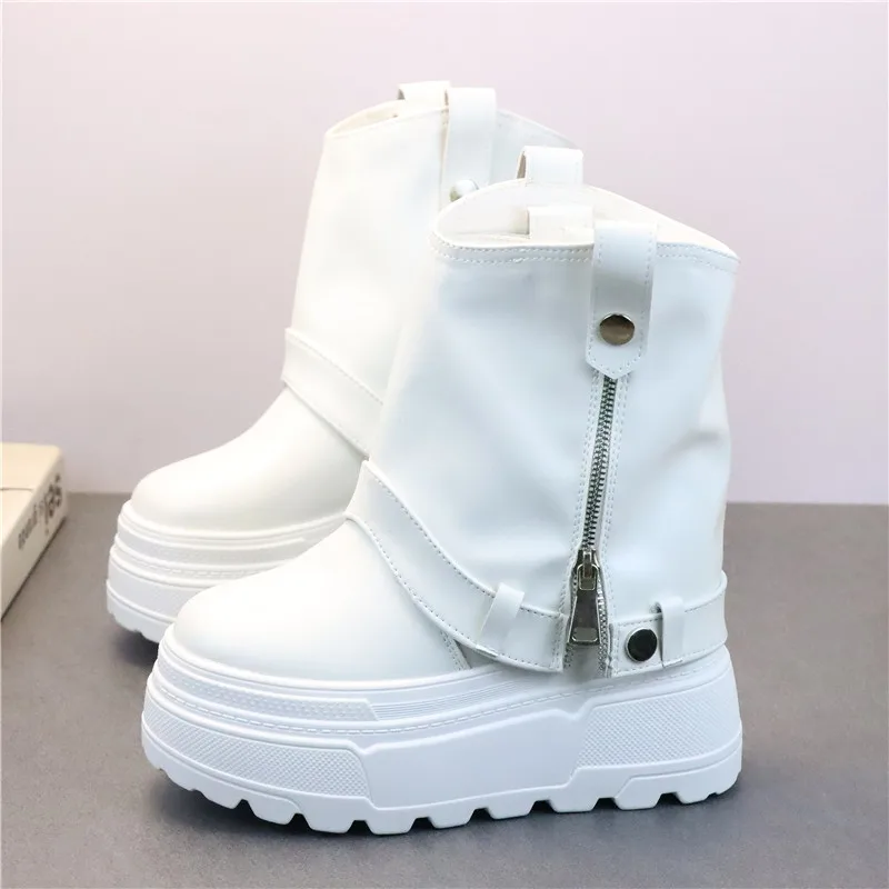 

Women's White Leather High Heel Boots with Zipper 12cm Stiletto Heels 10cm Platform Sole Ankle Booties rain boot