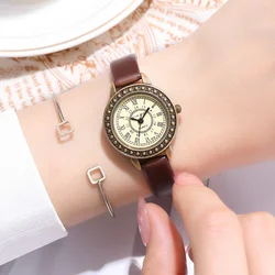 Vintage Leather Women Bracelet Watches Brown Retro Roma Quartz Ladies Quartz Watch Leather Thin Band Small Dial Relogio Feminino