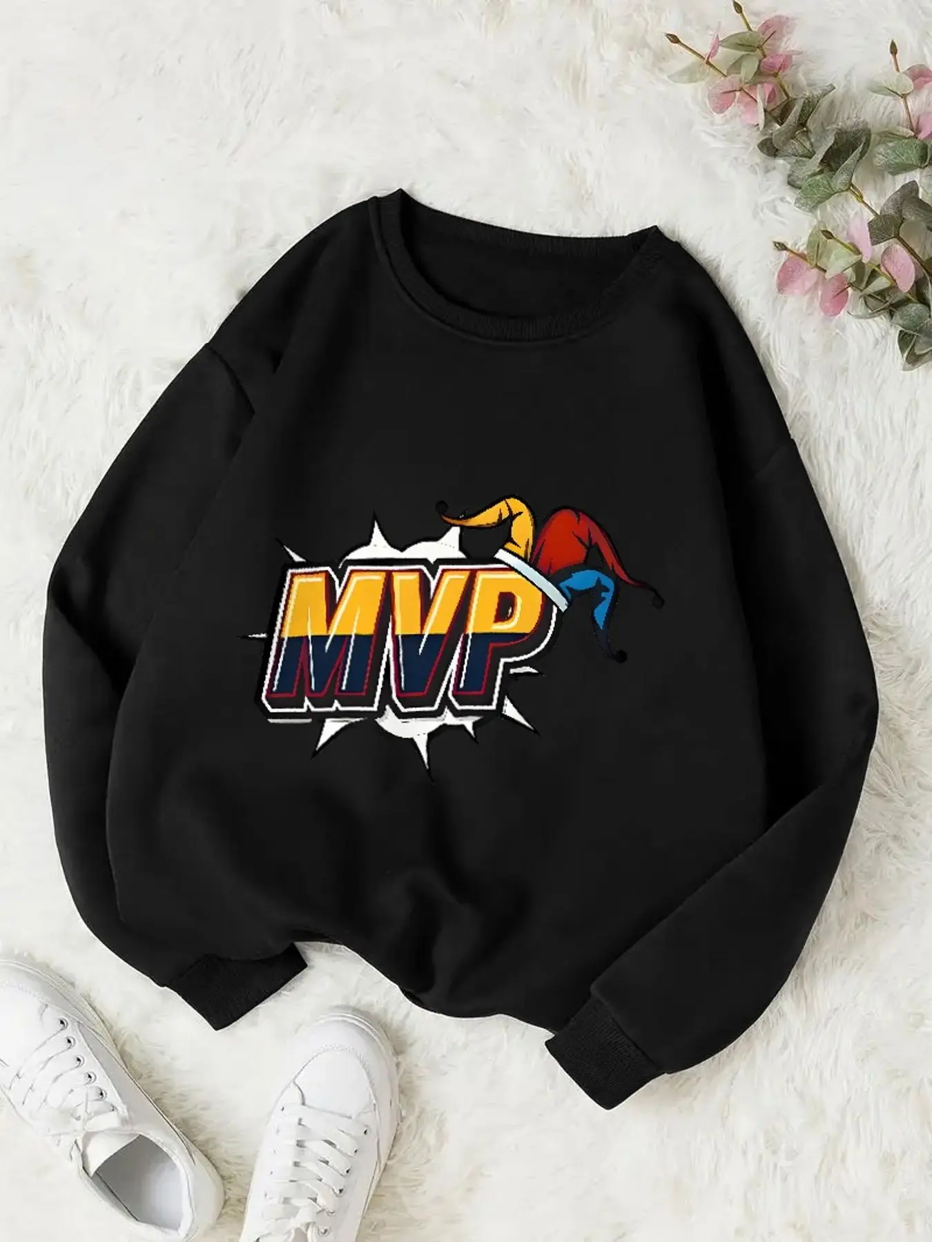 Women MVP Jester Hat Comic Burst Graphic Crewneck Sweatshirt Oversized Long Sleeve Fleece Pullover Game Streetwear Print Black Casual Tops