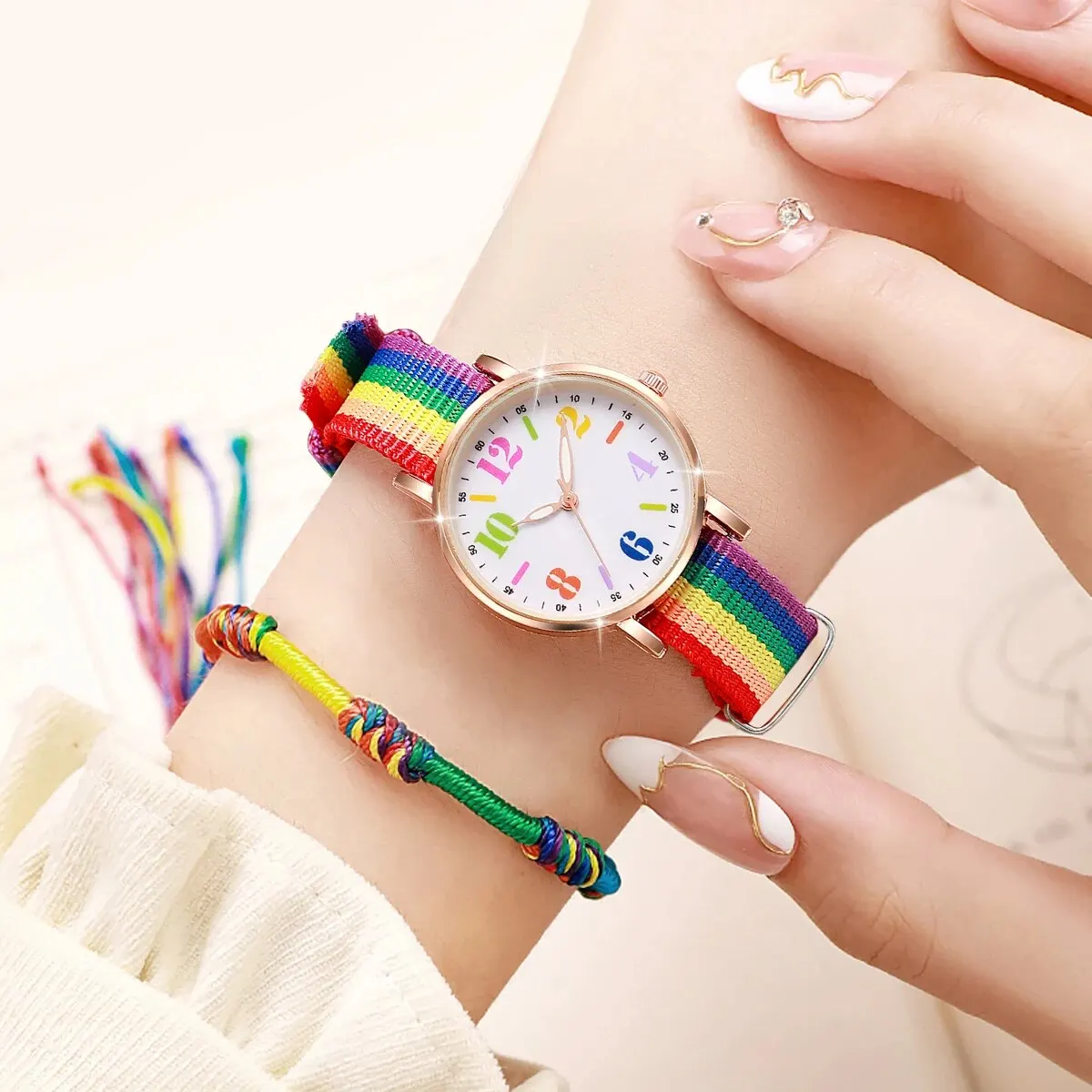 2pcs Set Fashion Rainbow Color Ultra-thin Canvas Strap Classic Men\'s Watches Colorful Bracelet Set