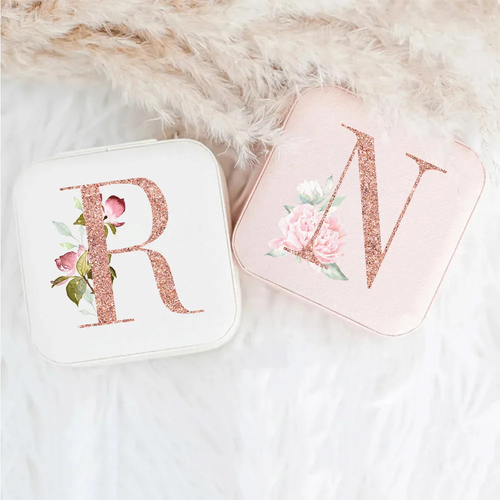 1pc Wedding Bridesmaid Gift Jewelry Box Trendy Flower Letter Ladies Ring Earrings Storage Organizer Bag Travel Accessories