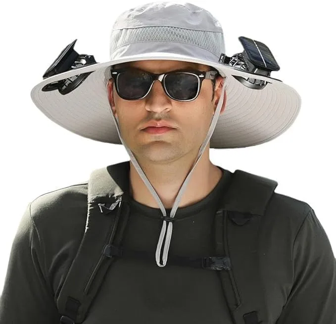 

Solar Powered Fan Hat with 2 Removable Fans Wide Brim Sun Hat for Outdoor Fishing, Hiking Gardening, USB Solar Charging