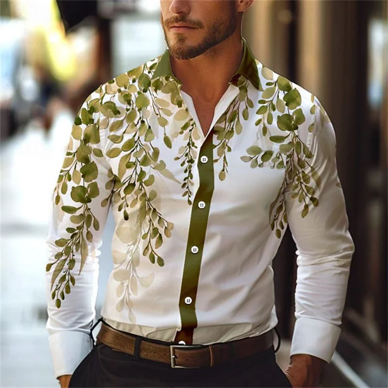 Men\'s Leaf Vine Print Long Sleeve Shirt Lapel Street Resort Wear Fashionable Casual Hawaiian Shirt Top