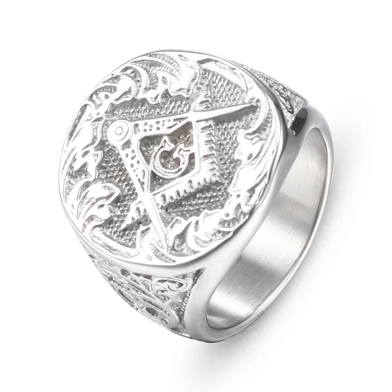 Punk Rock Titanium Stainless Steel Masonic Freemasonry AG Round Finger Rings for Men Jewelry Gold Silver Color Size 8-13 view 3