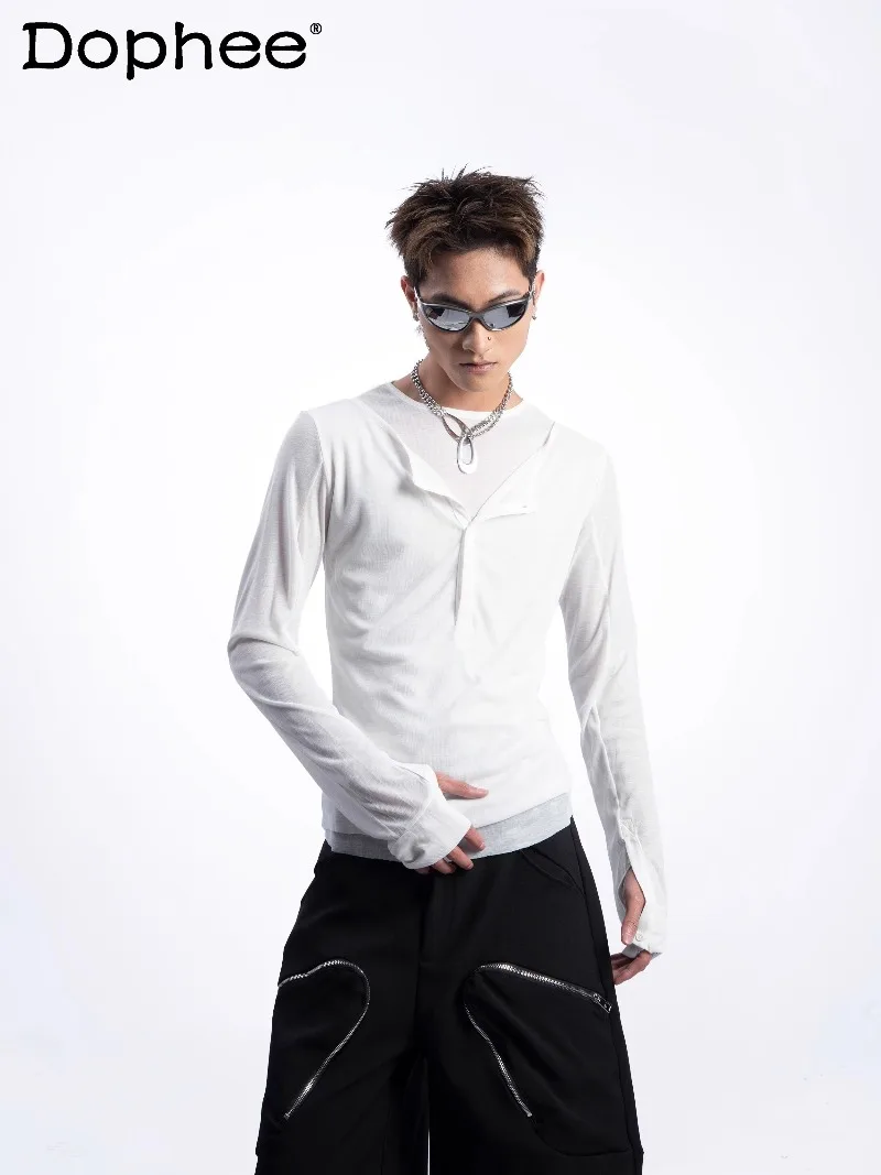 

Мужская модная приталенная футболка с круглым вырезом, имитация двухслойного дизайна, в клетку, легко сочетается, с длинным рукавом