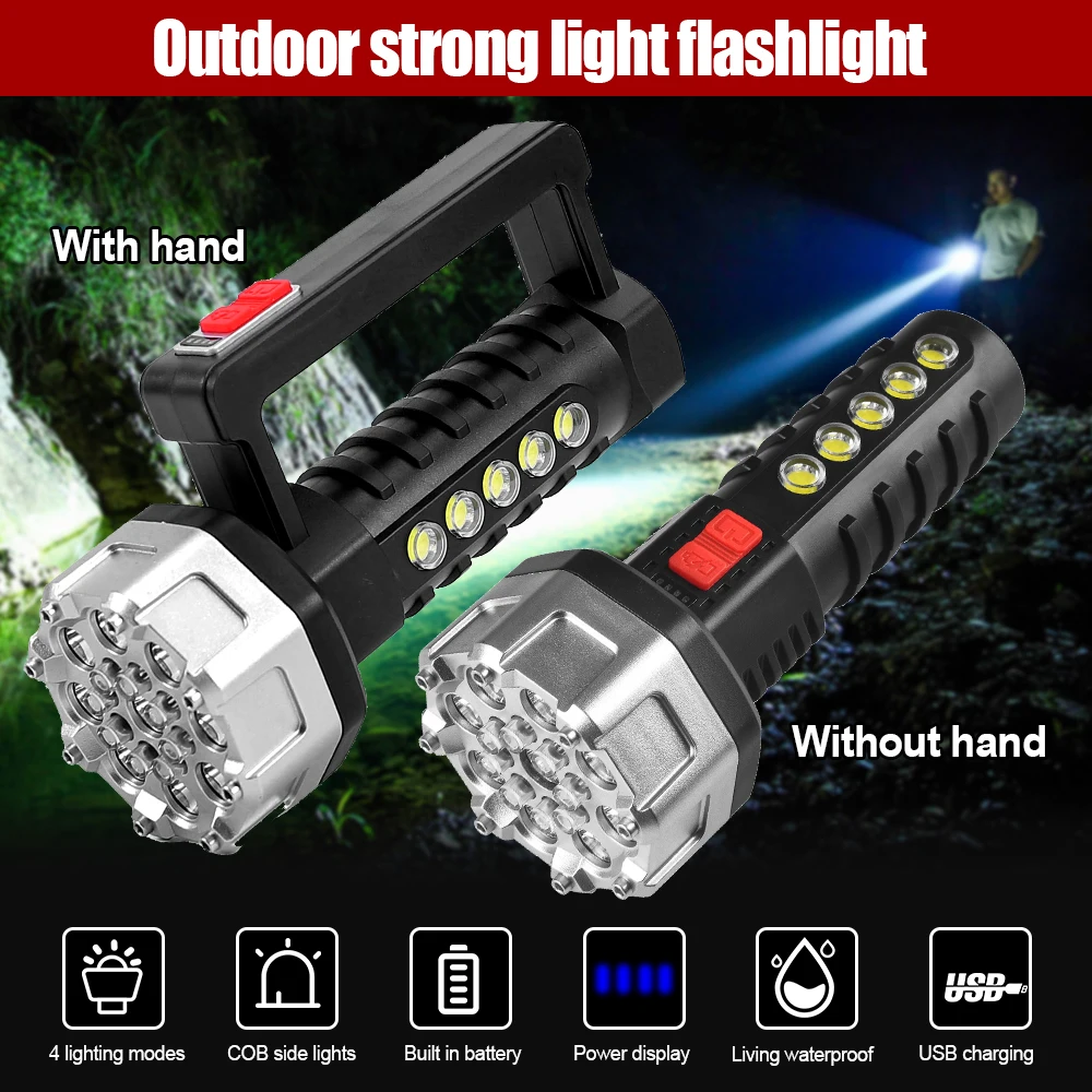 

10W 22LED+COB Side Light Powerful Flashlight USB Charging Torch Hand Lamp High Power 4 Switch Mode Portable Emergency Lantern