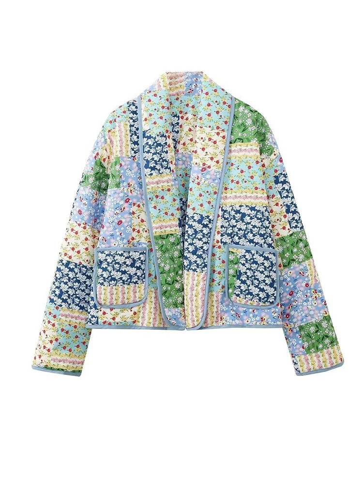 

Women's Warm Single Breasted Casual Jacket Retro Splicing Printed Cotton Clothes Temperament Lapel Women's Loose Jacket