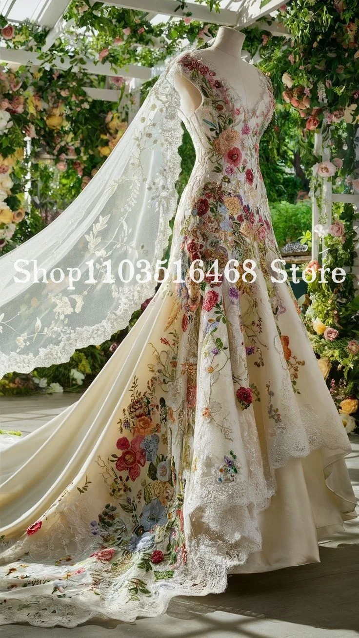

Vintage Floral Embroidered Mermaid Wedding Dress White Sleeveless v-Neck Mexican Bridal Gowns Bohemian Beach Wedding Dresses