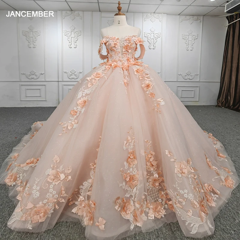 Jancember Elegant Pink Chapel Train Cap sleeve With Floral Print Organza Ball Gown Pearls Evening Party Dress Quinceañera DY9956