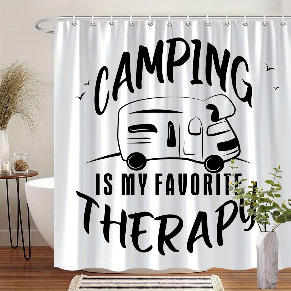 Camping Is My Favorite Therapy Shower Curtain, RV Camper Print, Funny Outdoor Lover Bathroom Decor, Waterproof Polyester Bath