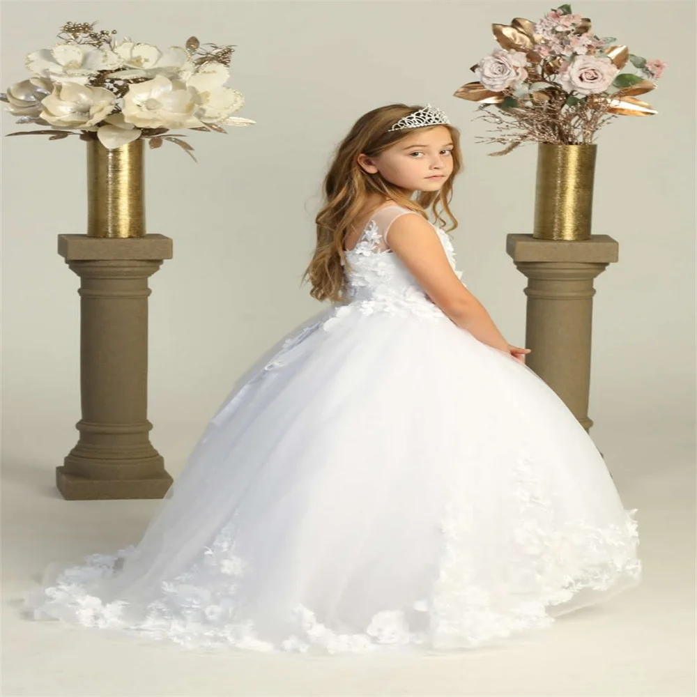 White Elegant Trailing Flower Girl Dress Lace Appliqué Fluffy Celebration Party First Communion Formal Dress Event