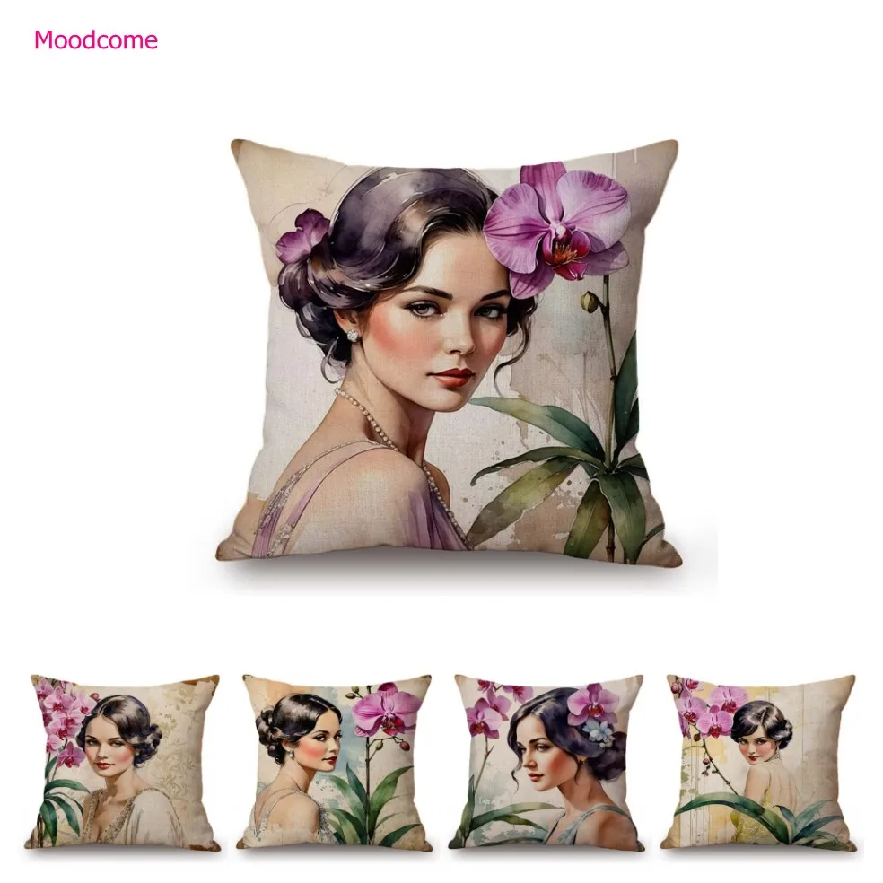 Vintage Poster Beautiful Lady Poster Purple Orchid Home Decorative Art Cotton Linen Sofa Throw Pillow Case Elegant Cushion Cover