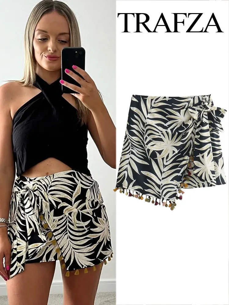 

TRAFZA Sexy Women's Summer Fashion Printed Asymmetrical Wrinkled Mini Skirt Chic Tassel Pendant Elegant Women's Zip Short Skirt