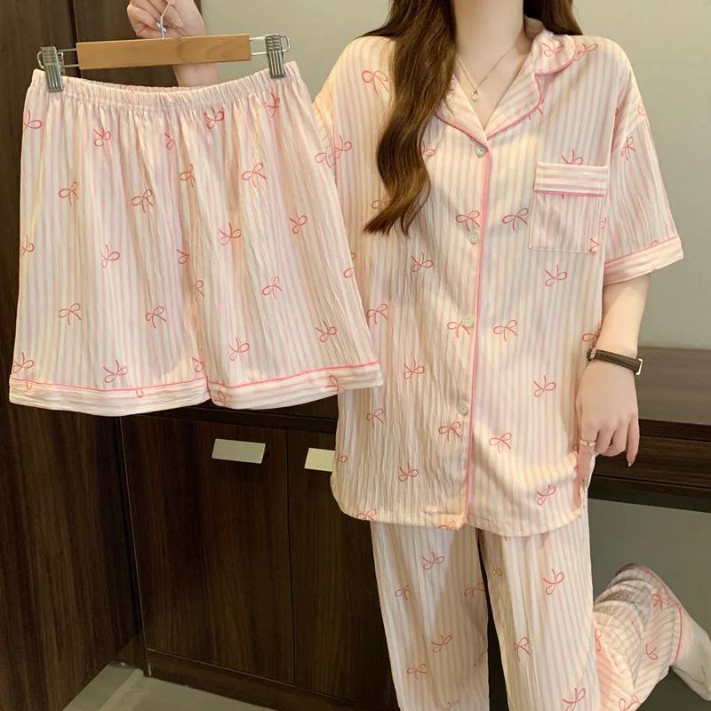 

Korean-Style Striped Pyjamas for Women - Summer New Arrival Simple and Sweet Short-Sleeved Three-Piece Loungewear Set with Short
