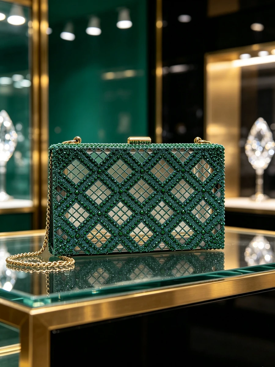 Luxury Bags Green - Smaragdgroene ruitvormige holle strass clutch tas