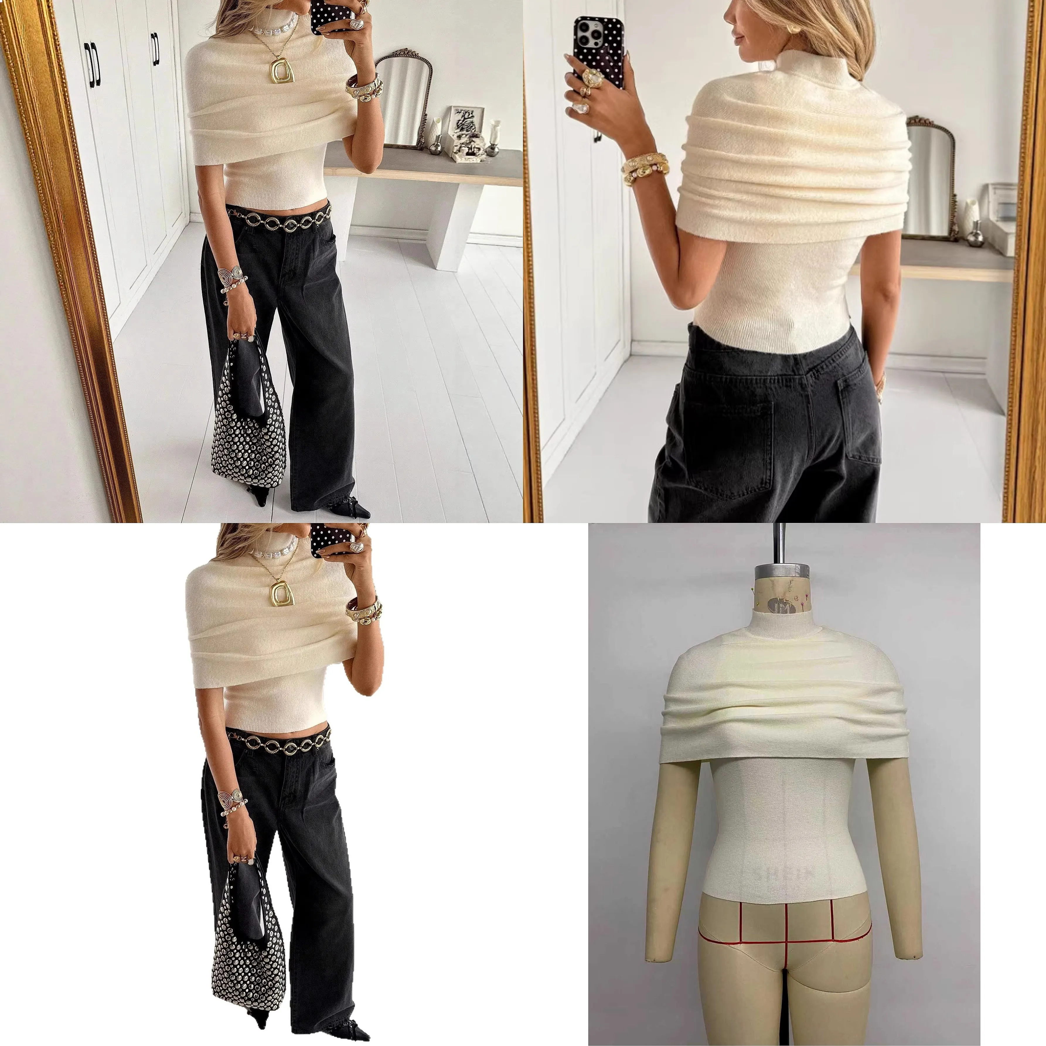 

Pure Color Two Piece Matching Set Tweed Cape Knit Sweater Top Tee For Women Spring Summer