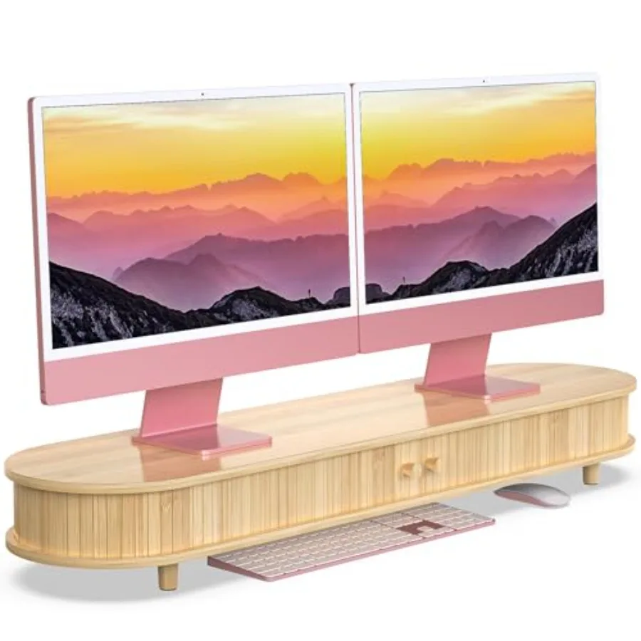 

Подставка для двух мониторов из бамбука с отсеком для хранения, изогнутая двойная подставка для компьютера и ноутбука, настольный органайзер с раздвижными дверцами, 42 дюйма, темно-серый