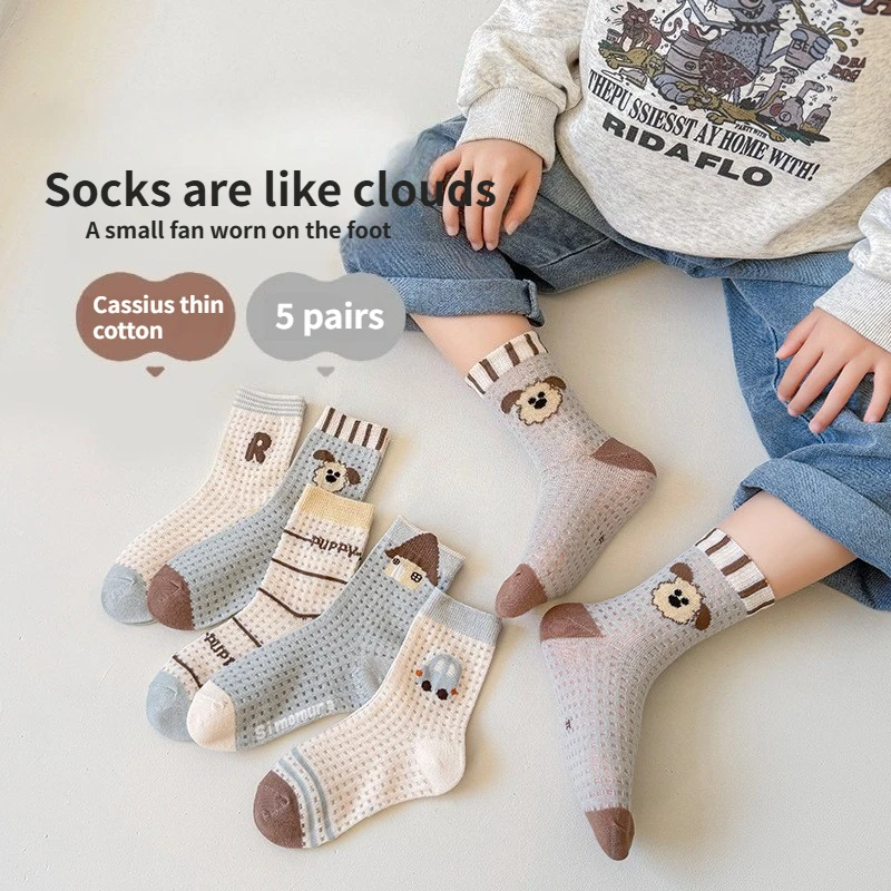 Korean Boys Summer Mesh Breathable Cotton Socks Cartoon Puppy Car Mid Calf Non Binding Kids Socks Daily Walking Sports 5 Pairs