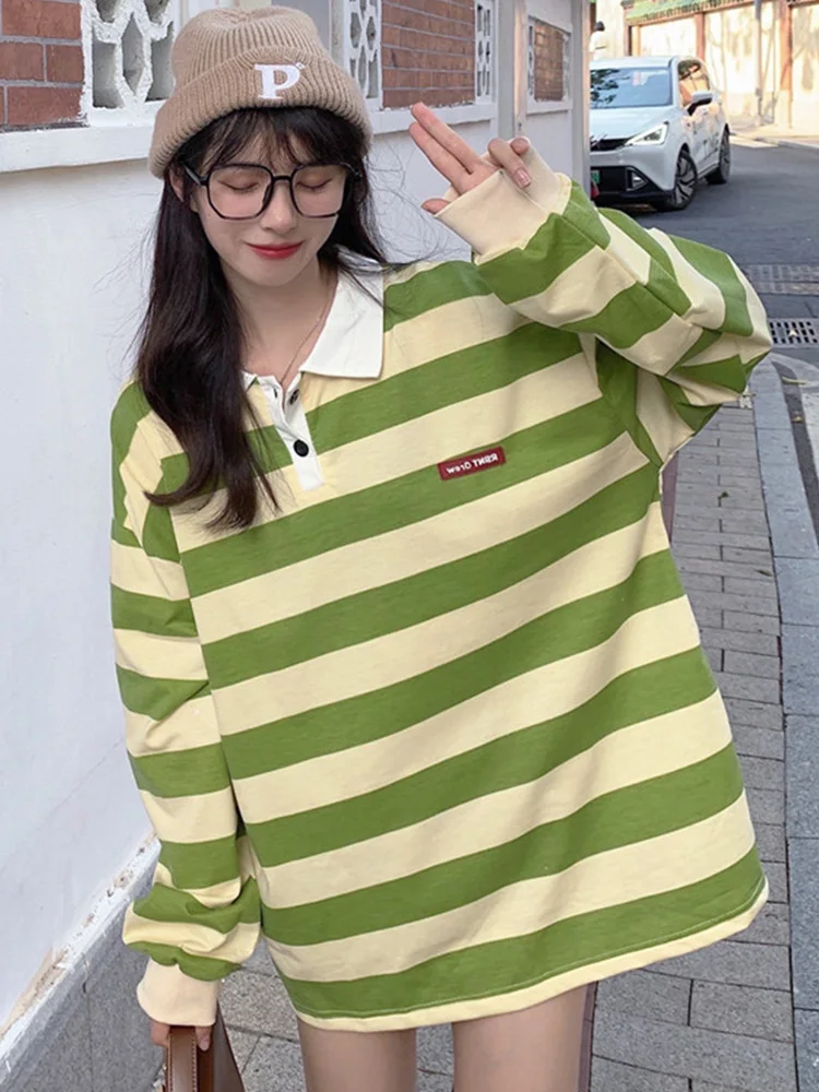 Harajuku Striped Polo Shirt Women Spring Autumn Korean Fashion Preppy Style Long Sleeve Casual Tops Oversized Loose Sweatshirts