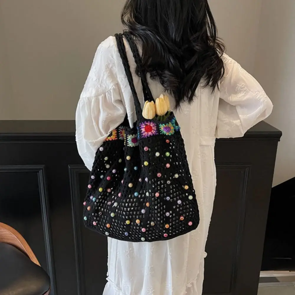 

Korean Style Knitting Shoulder Bag Contrast Color Large Capacity Crochet Tote Bag Hollow Out Solid Color Casual Woven Handbag
