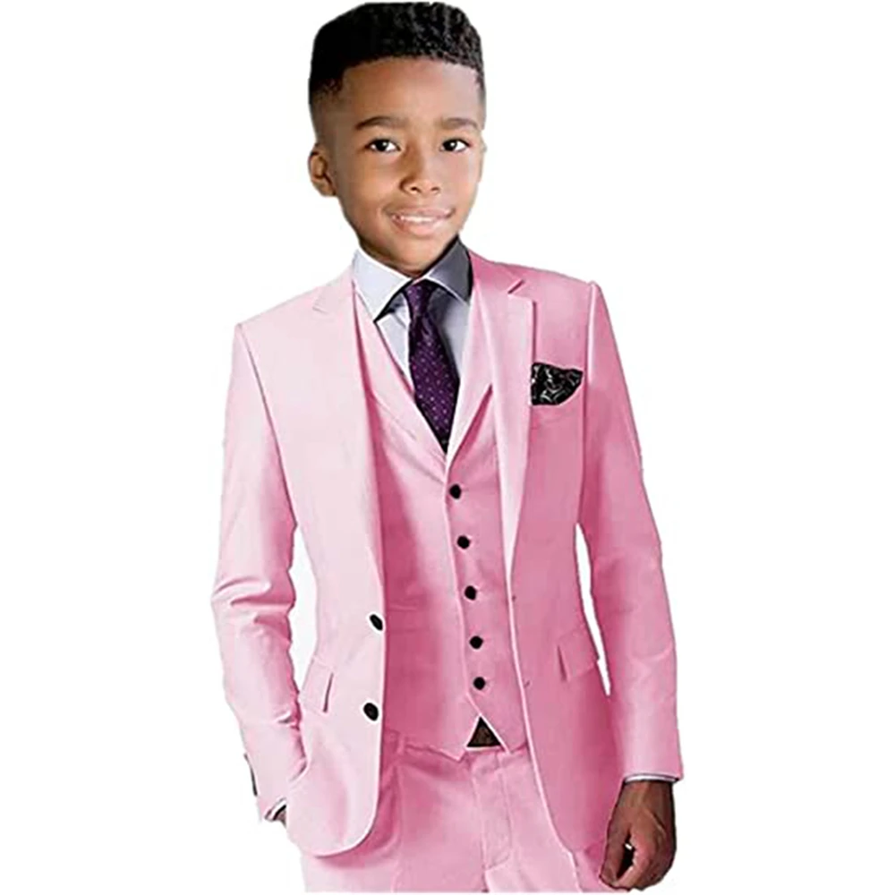 

Elegant Pink Children Formal Wedding Suit Kids Notch Lapel Jacket Pants Vest Photography Dress Flower Boy Birthday Tuxedo Suit