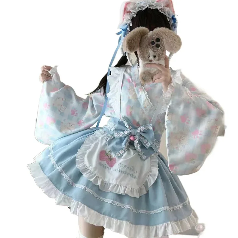 

Y2K Cute Meow Lolita Bow Strawberry Dresses Harajuku Flower Dress Korean JK Cosplay Kawaii And Wind Girl Puppy Improved Dresses