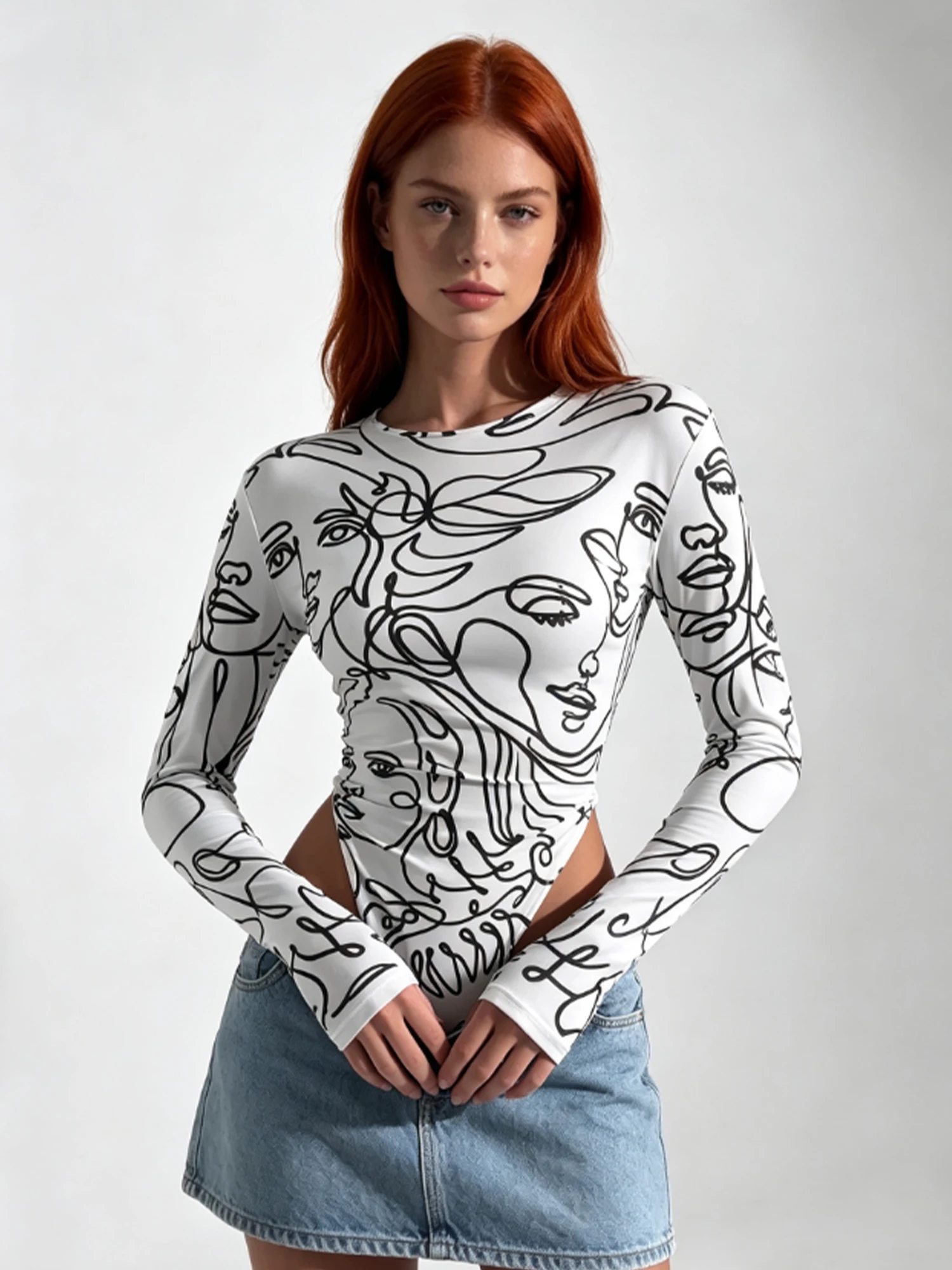 Women's White Print T-Shirt Bodysuits Y2K Gyaru Korean style Long Sleeve O-Neck T-Shirts Vintage Tee Top for Women Autumn 2026