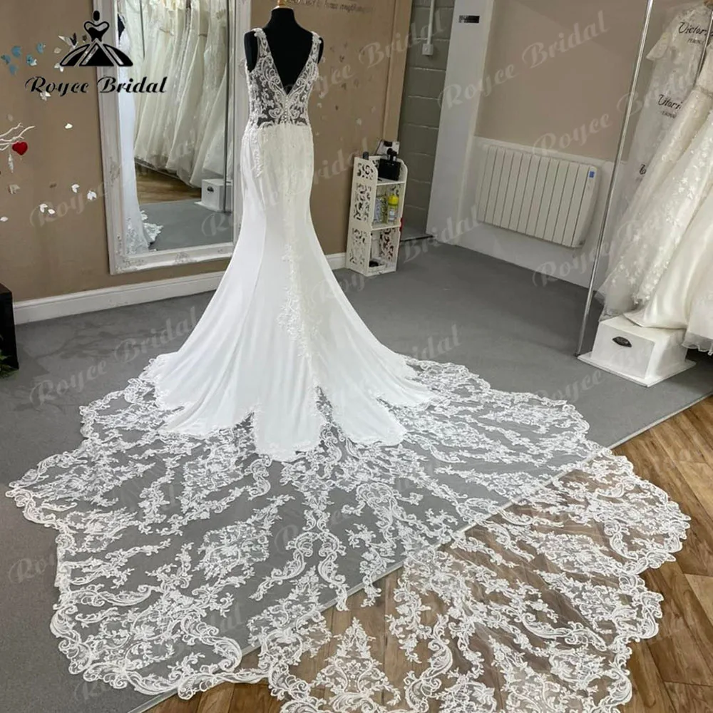 Luxury Mermaid V Neck Lace Sleeveless Wedding Dress for Women 2024 Cut-out Court Train Bridal Gown vestido de novia sirena Sexy