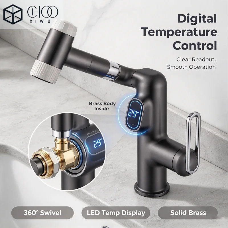 Copper Lucky Cat washbasin faucet, household small waist water platform basin, hair washing faucet, digital display, universal r