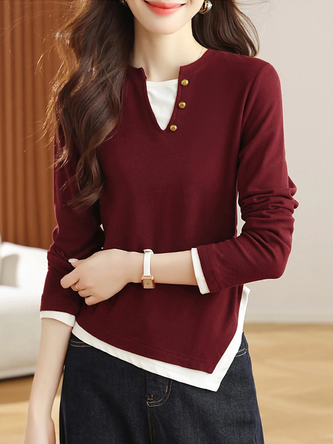 

Женская осенняя трикотажная футболка с длинным рукавом, асимметричным воротником и вставками, модный корейский стиль