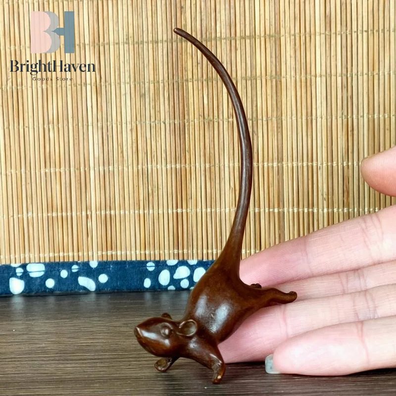 Figurine miniature de souris à longue queue, style chinois, animal de compagnie pour le thé, ornement de rat vintage en cuivre pur, accessoires de décoration pour la maison B.H